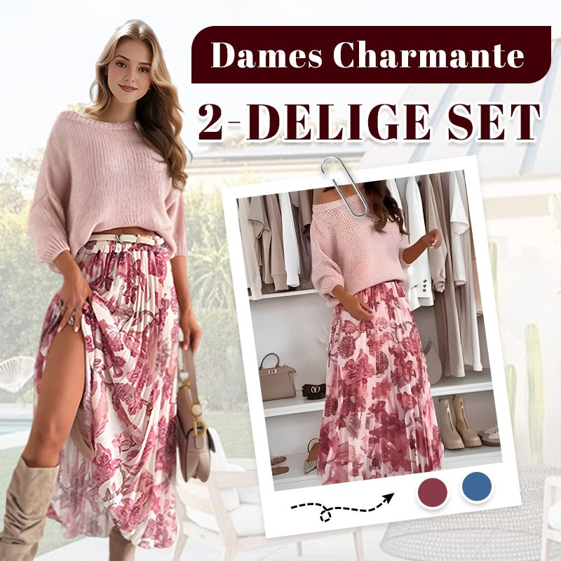 Top met ronde hals & bedrukte rok met riem – lokmeye