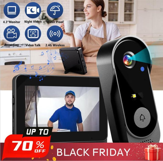 🔥Bestseller van 2026🔥 Draadloze deurbelcamera: 1080p, 170° kijkhoek, 4,3-inch scherm, IPX65 waterdicht voor buitengebruik, nachtzicht