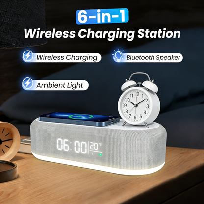 💘Valentijnsaanbieding: 50% Korting! 🔋6-in-1 Draadloos Laadstation 25W – Klok, Wekker, Bluetooth Speaker & Nachtlampje | All-in-One Nachtkastje!