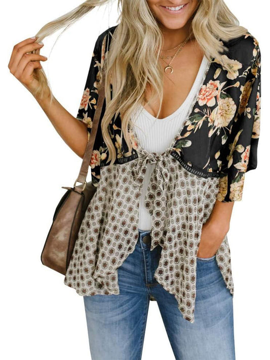 🟌 Bloemenprint kimono-vesten voor dames met ruches aan de mouwen, een strik en een losse, zwierige boho-stijl