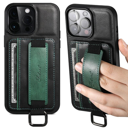 Luxe lederen kickstand iPhone hoesje met kaartsleuven en polsband