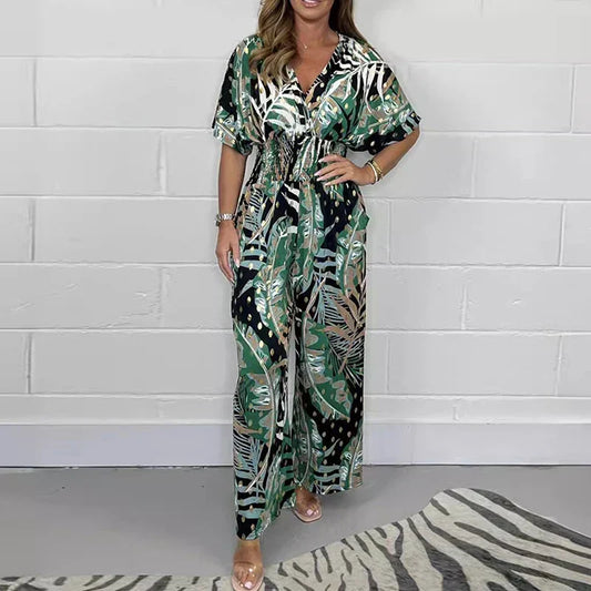 Dames zomerse modieuze bodysuit met bladerenprint in grote maten en elastische taille