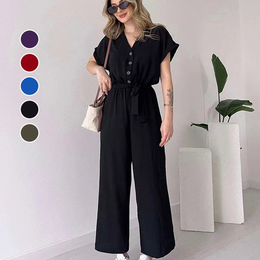 【🎊2024 Nieuwe producten】💖Casual dames jumpsuit met korte mouwen en V-hals