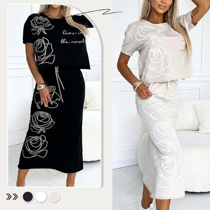 ❤️‍🔥Hete verkoop 49% KORTING🔥Dames casual tweedelig bloemen T-shirt en mid-length rok set