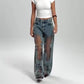Dames vintage mesh patchwork print jeans
