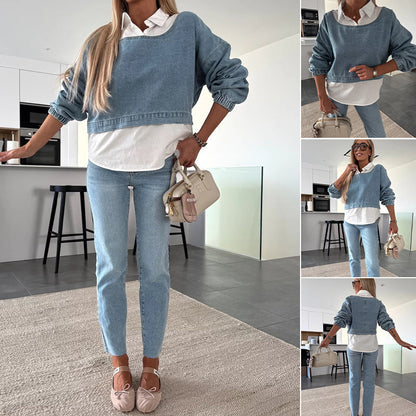 💥Modieuze tweedelige set bestaande uit een denim top met lange mouwen en een broek voor dames