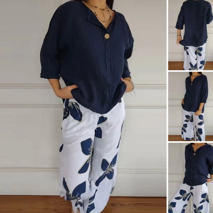 Vrouwen Crew Neck Tops ＆ Bedrukte Broek Set
