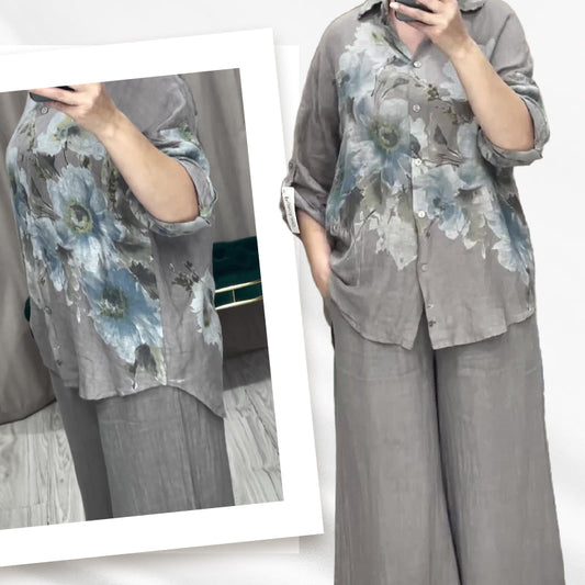 Elegante set van blouse en broek met bloemenprint en wijde pijpen voor dames