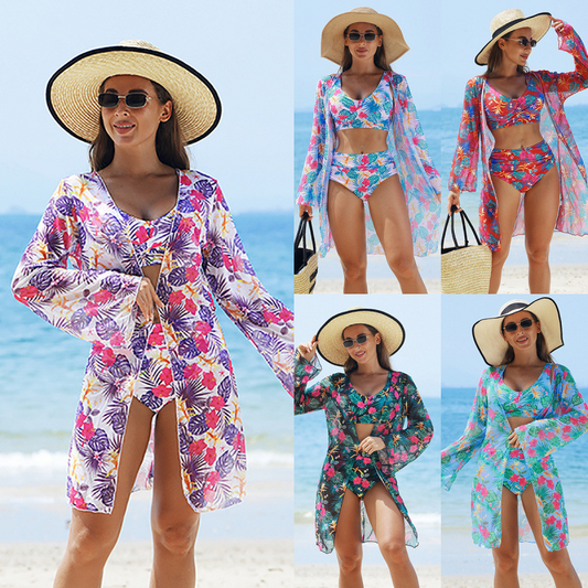 Modieus, meerkleurig 3-delig bikini-zwempak voor dames met print
