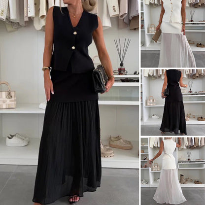 ✨2025 Zomerse uitverkoop✨💃Damesset van gebreid vest met gouden knopen en rok