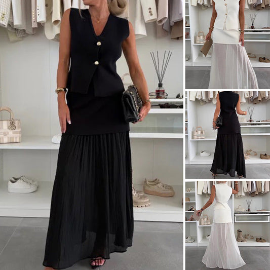 ✨2025 Zomerse uitverkoop✨💃Damesset van gebreid vest met gouden knopen en rok