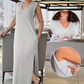 Mouwloze maxi-jurk met V-hals en split voor dames