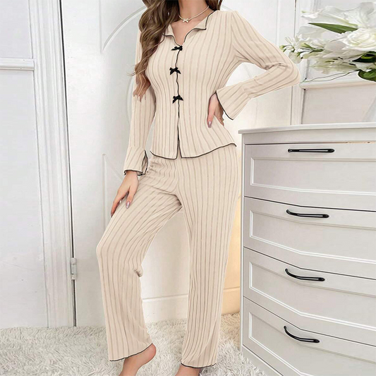 🔥Nieuwe artikelen Hot Sale: tijdelijk laagste prijs⚡Geribbelde gebreide pyjama's voor dames met reverskraag en strikken