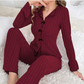 🔥Nieuwe artikelen Hot Sale: tijdelijk laagste prijs⚡Geribbelde gebreide pyjama's voor dames met reverskraag en strikken