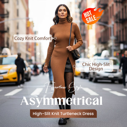Asymmetrische gebreide coltrui-jurk met hoge split