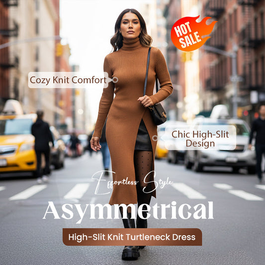 Asymmetrische gebreide coltrui-jurk met hoge split