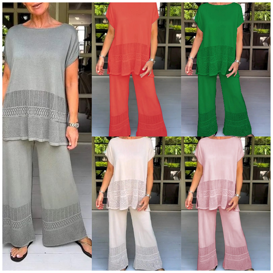 Effen tweedelige set met korte mouwen voor dames, bestaande uit een top en een broek