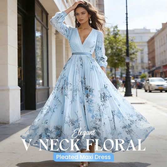 🔥 NIEUW – Nu tijdelijk 50% korting!👗 Elegante Maxi-jurk met V-hals, Bloemenprint & Plooien – Romantisch en Vrouwelijk