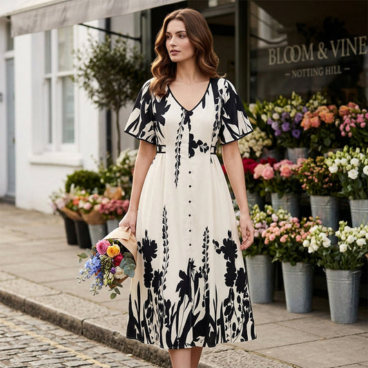 👗 Zachte Midi Jurk met Botanische Print en V-Hals | Licht, Elegant & Makkelijk te Dragen – Nu 50% Korting