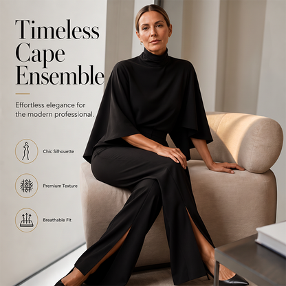Set voor dames bestaande uit een elegante cape-top met hoge kraag en een broek met wijde pijpen