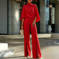 Set voor dames bestaande uit een elegante cape-top met hoge kraag en een broek met wijde pijpen