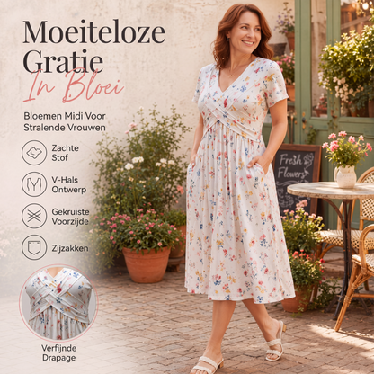 Damesjurk met V-hals, bloemenprint en gedraaide taille
