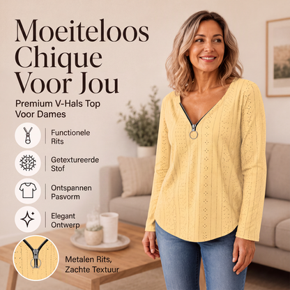 🔥 50% KORTING ✨ Dames V-Hals Shirt met Rits – Elegante Pasvorm & Comfortabele Stijl 💕