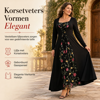 🖤 Zwarte Dames Maxi-Jurk met Vierkante Hals – Lange Mouwen, Veter Korset Taille & Geborduurde Bloemen Mesh Details ✨