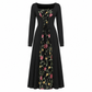 🖤 Zwarte Dames Maxi-Jurk met Vierkante Hals – Lange Mouwen, Veter Korset Taille & Geborduurde Bloemen Mesh Details ✨