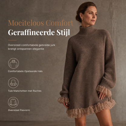 ✈️Gratis verzending✨ Nieuwe Look 💫 Oversized Gebreide Jurk met Mock Neck en Ruche van Tule – Vrouwelijk, Uniek & Trendy