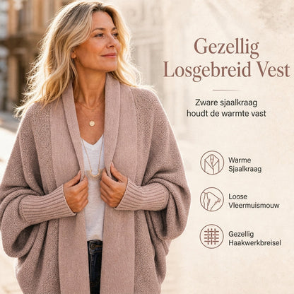 Dames Ruimvallend Vest met Vleermuismouwen en Gebreide Sjaalkraag voor Herfst en Winter