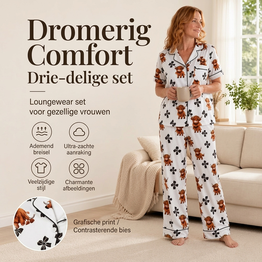 🐮Dames 3-Delige Pyjamaset met Hooglander Koe Print – Zachte Warme Nachtkleding voor Comfortabele Avonden