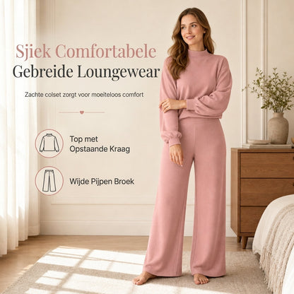 ✨ Nieuwe Collectie 🤍 Dames Gebreide 2-Delige Loungeset met Mock Neck Sweatshirt & High Waist Wijde Pijpen Broek – Comfortabele Elegantie voor Elke Dag