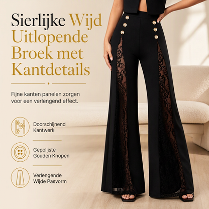 ✨ Elegante Collectie 🤎 Dames Hoge Taille Broek met Kanten Inzet & Goudkleurige Knopen – Wijde Pijpen, Luxe Look en Comfortabele Pasvorm