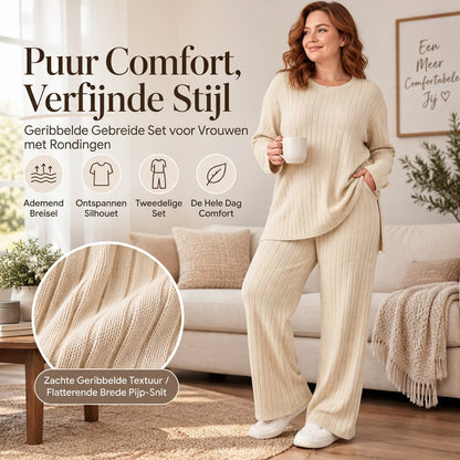 ✈️Gratis verzending💥 Beperkte Tijd Aanbieding 🧉 Dames Geribbelde Gebreid Top met Zijspleet & Broek Set ✨ rekbaar geribbelde stof, elegante zijspleet, comfortabele bijpassende set