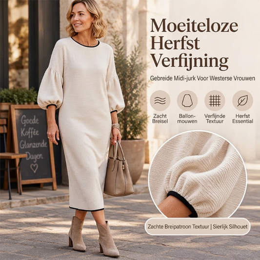 🌸Uitzonderlijke aanbieding: 50 % korting💖Halflange damesjurk van gestructureerd breiwerk met pofmouwen