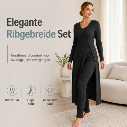 ✨ Gemakkelijk dagelijks comfort | 2-delige set voor dames van een geribbelde langwerpige top en slim-fit broek