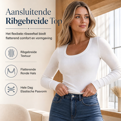 😍Vrouwen vierkante hals lange mouwen geribbelde gebreide slim fit T-shirt