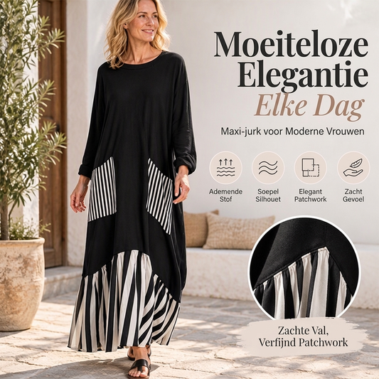 ⏰ Laatste dag van de uitverkoop – 50% KORTING ✨ Lange maxi-jurk met lange mouwen en gestreepte patchwork voor dames