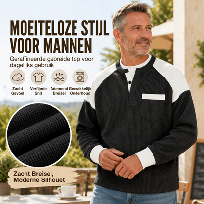 🧶Herens casual Henley-shirt met kleurblokken en wafelpatroon