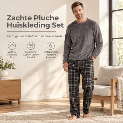 🚚 Gratis verzending  Zachte, pluche gebreide loungetrui en pyjama voor heren, bestaande uit een effen trui met ronde hals en een geruite broek