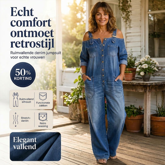 👗👖 Jumpsuit met open schouders, wijde pijpen en zakken